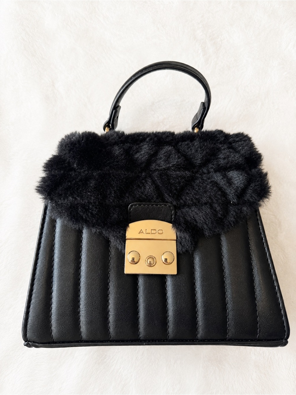 ALDO Black Faux Fur Quilted Mini Top Handle Handbag Gold Hardware